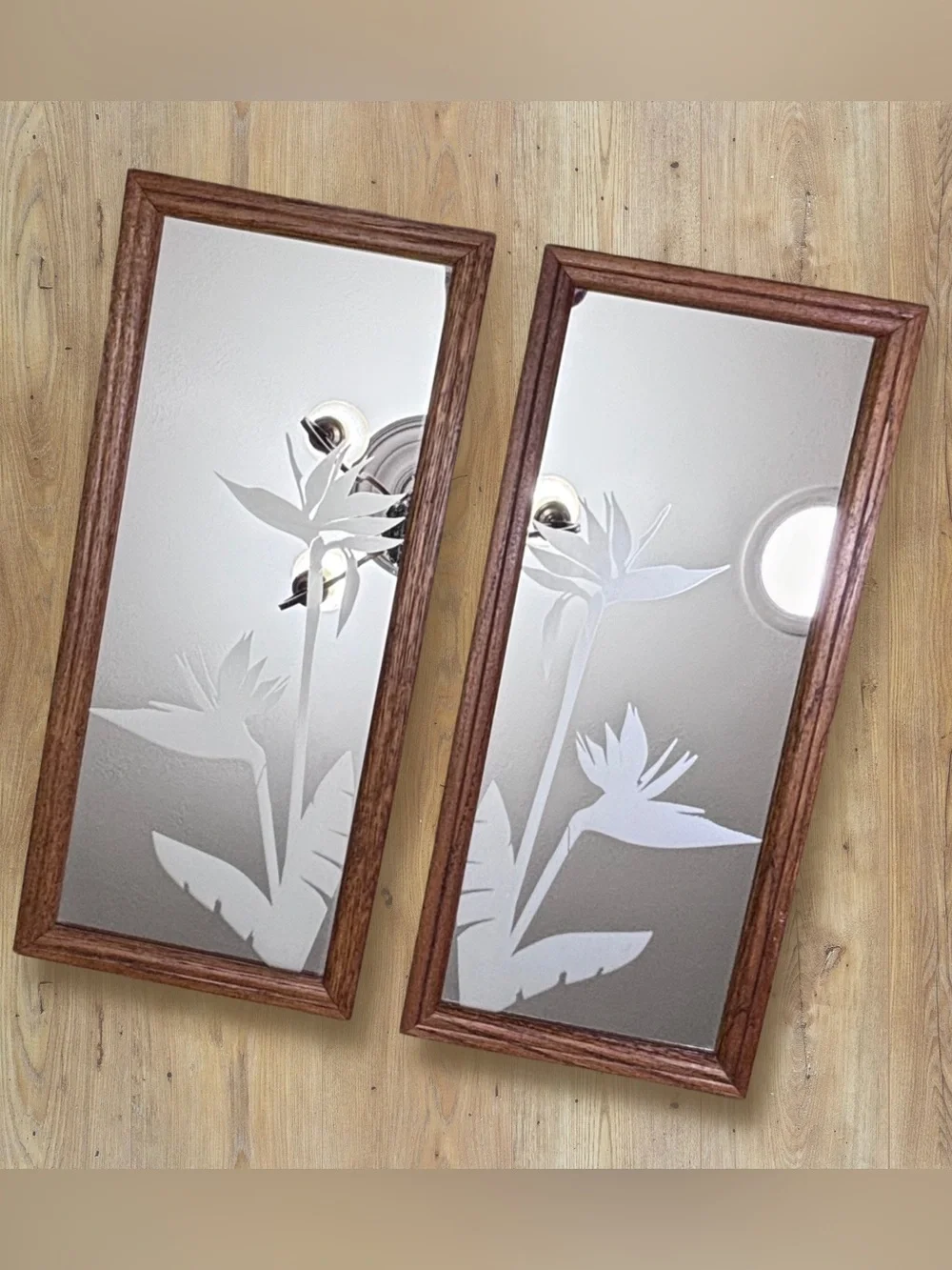 2 Vintage MCM 80s Frosted Etched Glass Mirror Wood Birds of Paradise 21